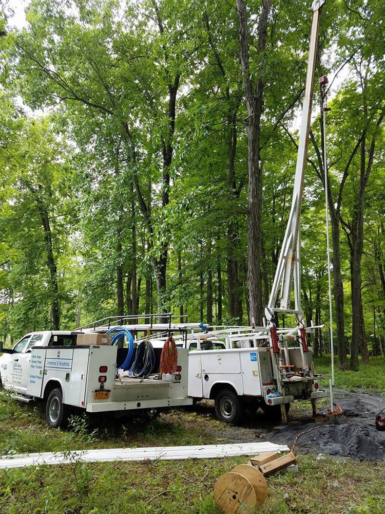 Two utility trucks are parked next to each other in the woods.