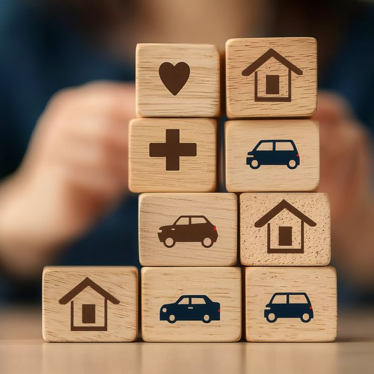 Wooden blocks stacked with symbols representing home, car, health, and love.
