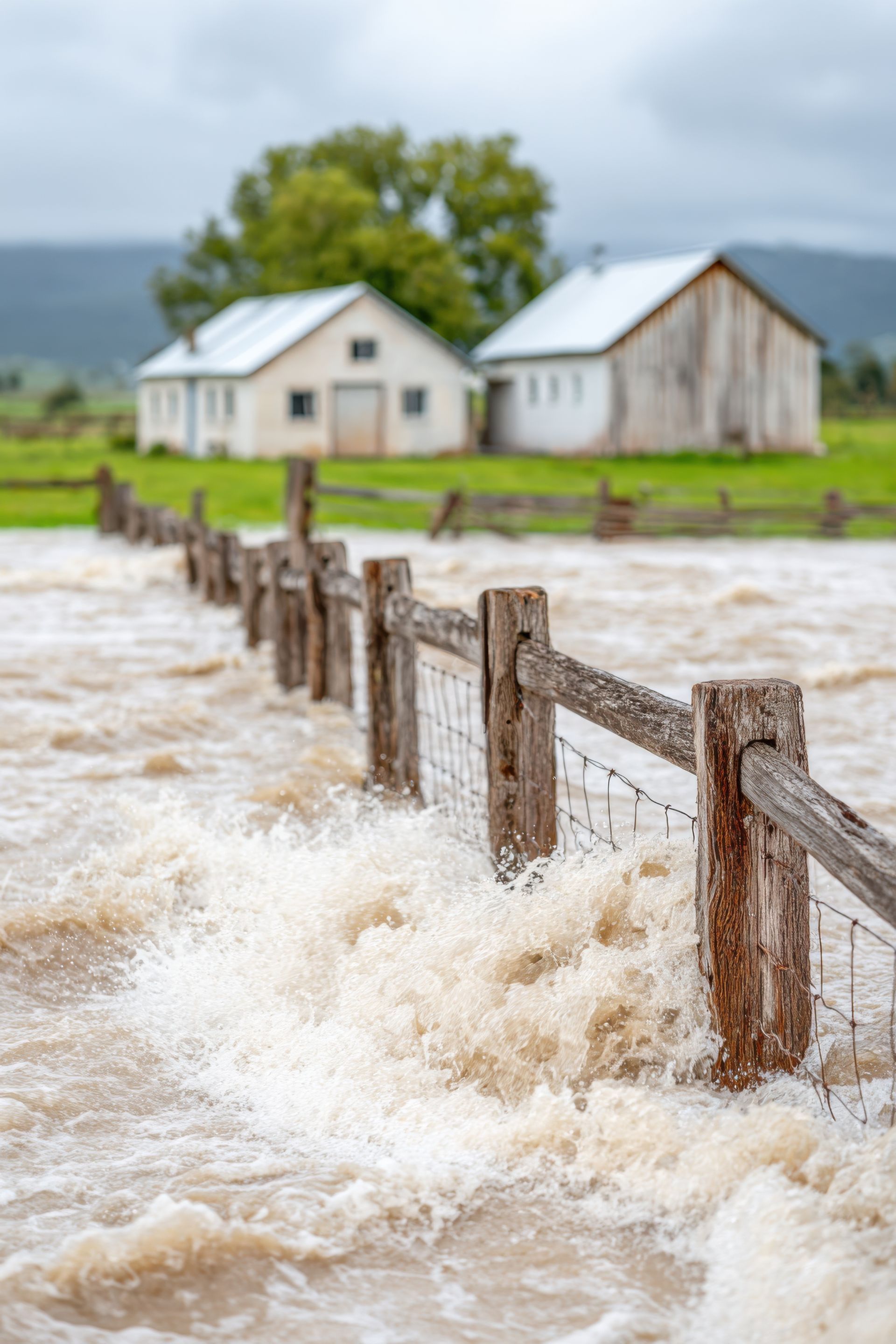 Floodwater engulfs a wooden fence in front of two white buildings on a green field.