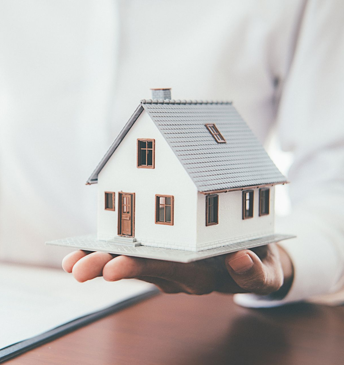 Person holding a miniature white house on a small platform.