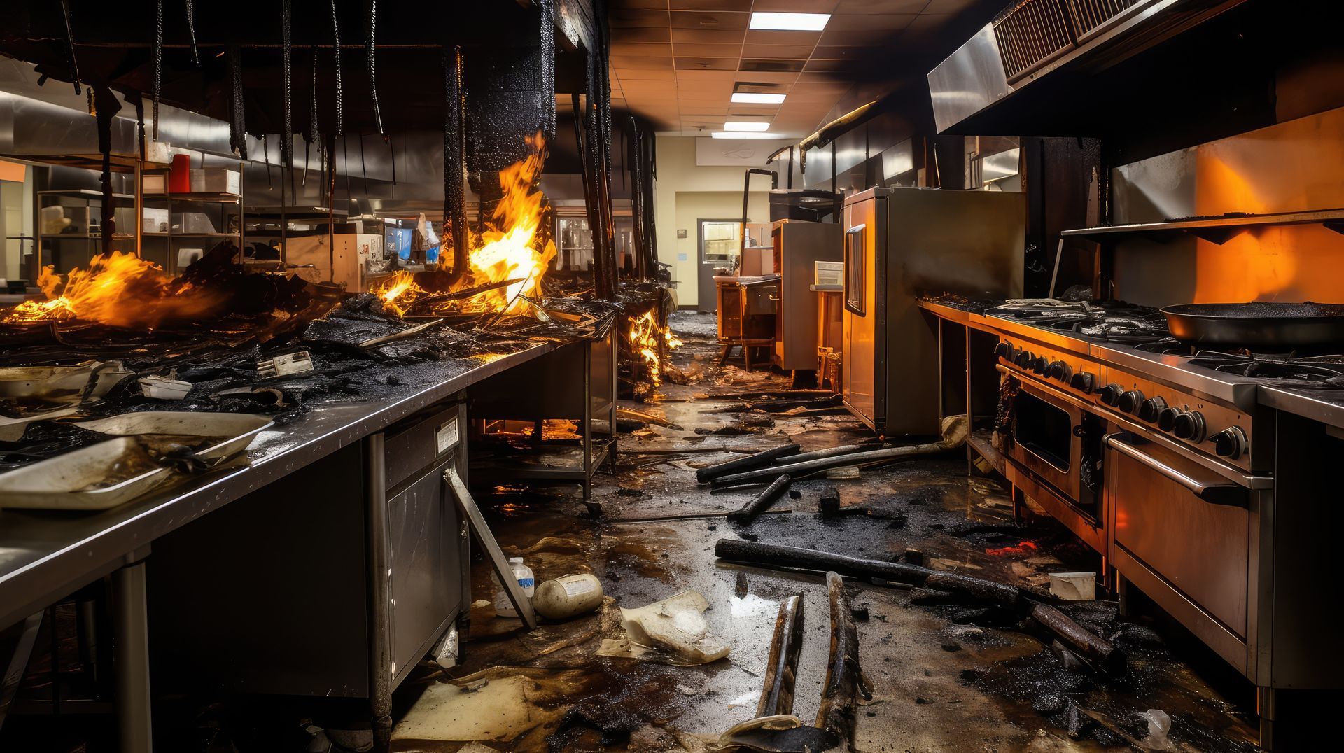 Kitchen interior destroyed by fire; flames, charred equipment, and debris.