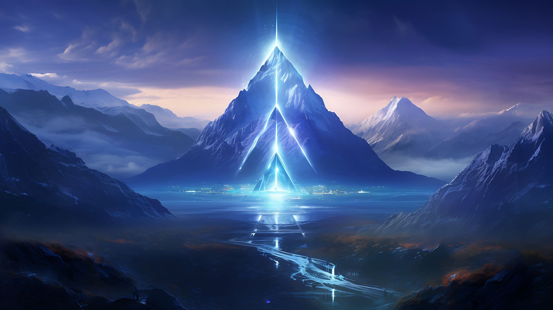 A mountain with a light coming out of it is surrounded by mountains and a lake.