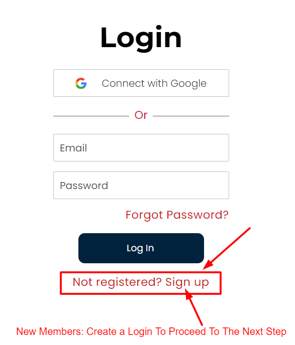A screenshot of a login page with a red arrow pointing to the not registered sign up button.