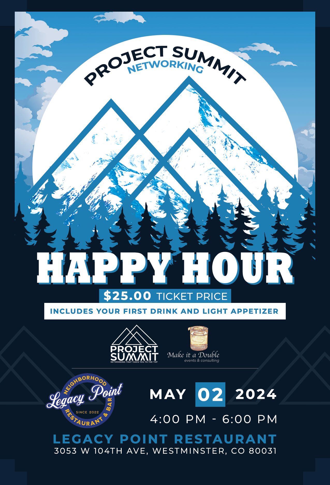 A poster for a happy hour at legacy point restaurant