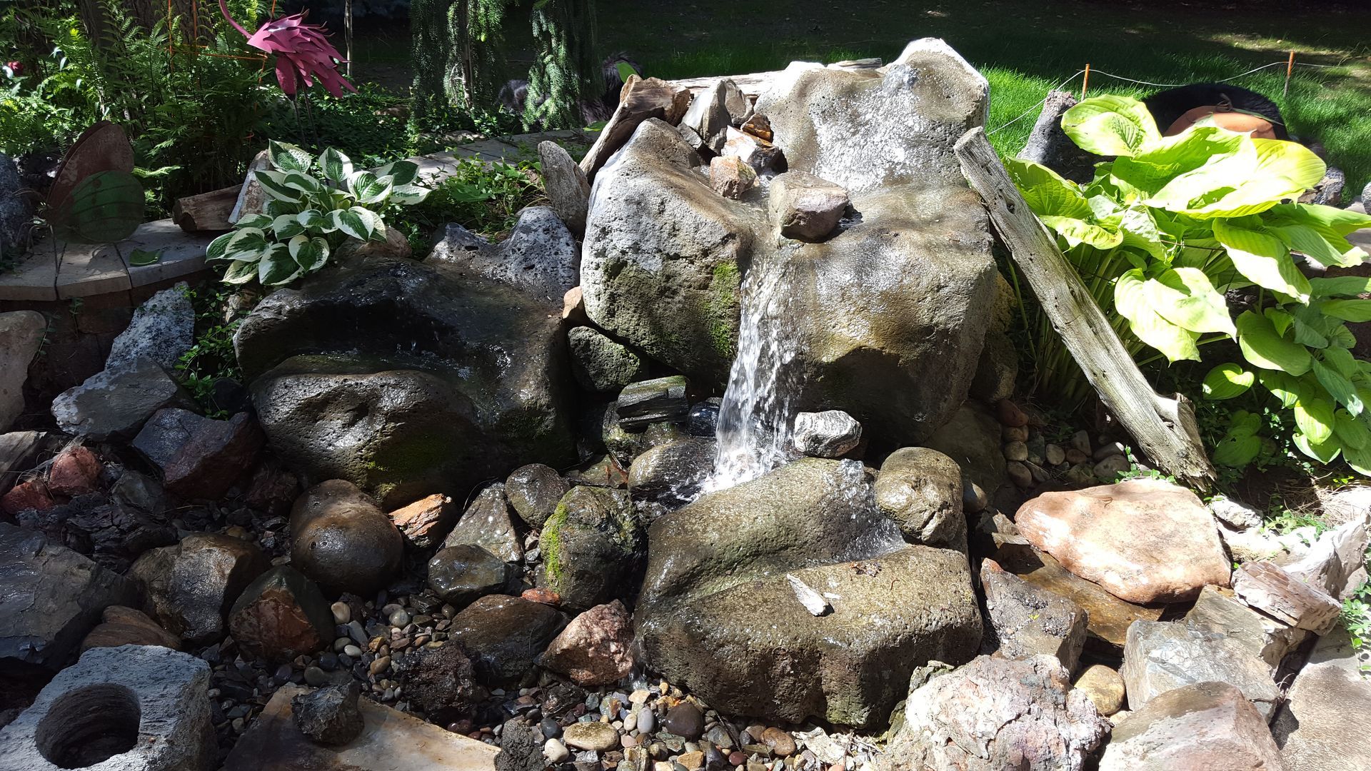A small waterfall is surrounded by rocks and plants in a garden.