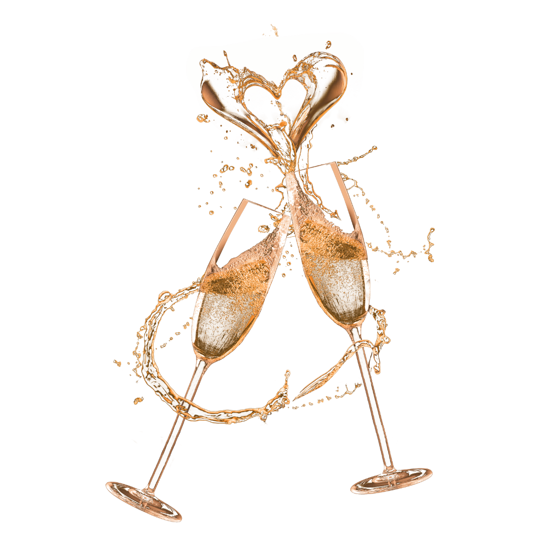 Two glasses of champagne are splashing in the shape of hearts