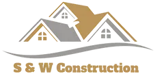Logo for S & W Construction with roof silhouettes, a curved line, and text in brown against a white background.