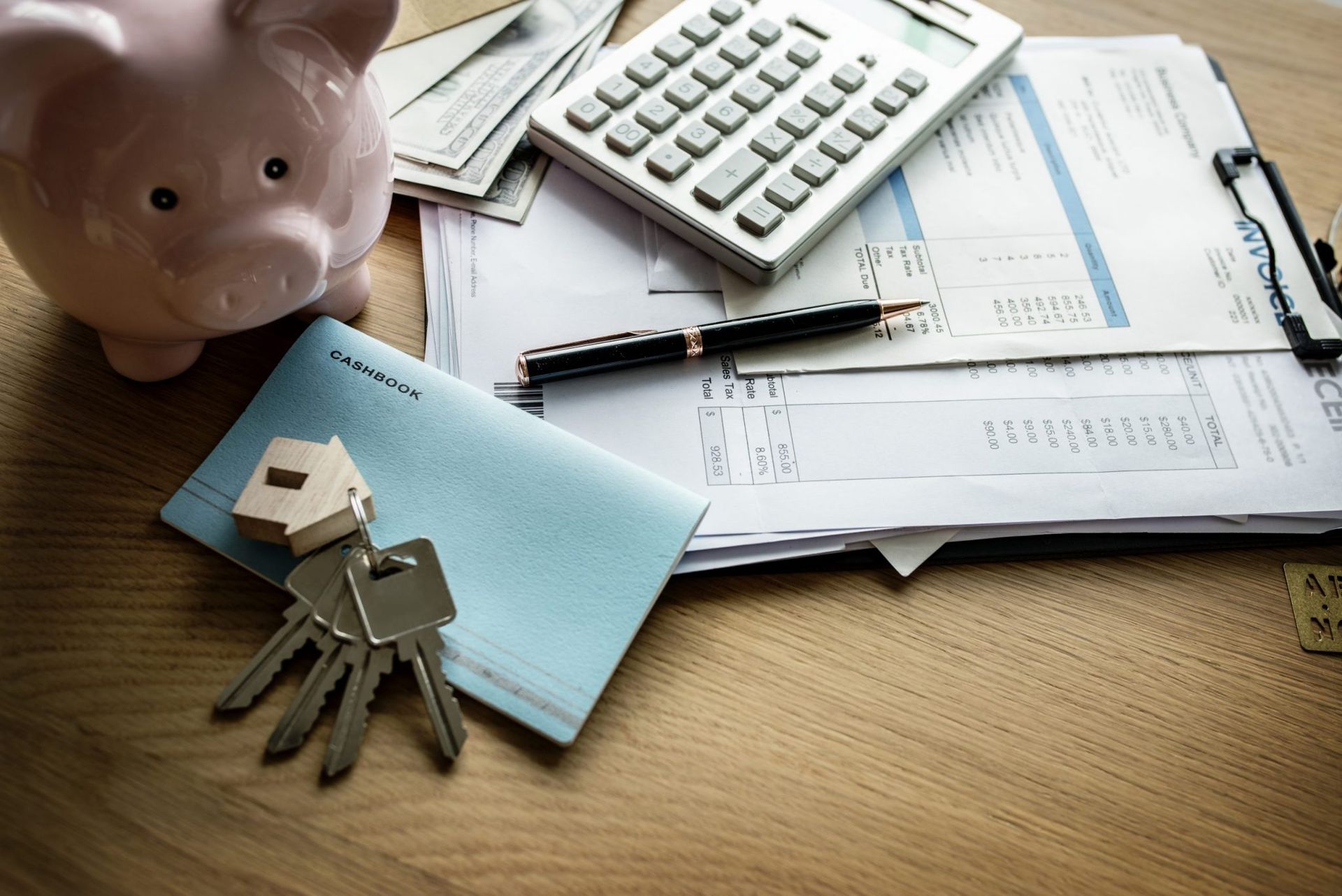 a piggy bank , keys , a calculator , and a pen are on a wooden table