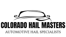 A black and white logo for colorado hail masters automotive hail specialists.