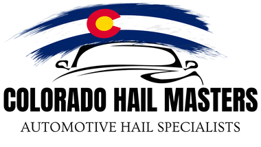 A black and white logo for colorado hail masters automotive hail specialists.