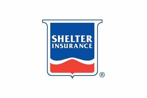 The logo for shelter insurance is a blue , red , and white shield.