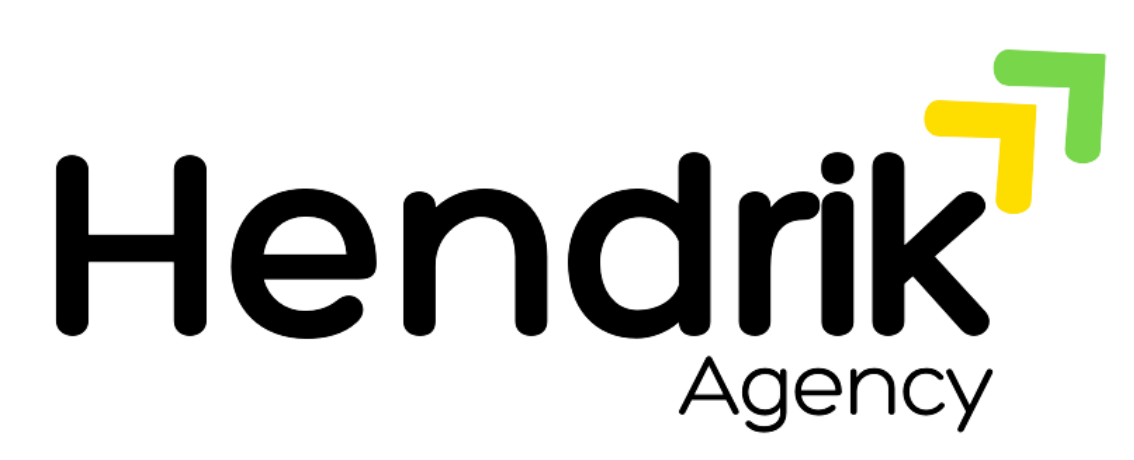 The logo for hendrik agency is black and yellow with a green arrow.