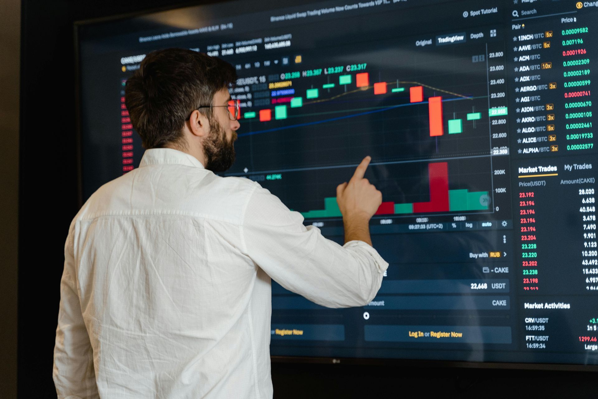 A man is pointing at a chart on a large screen.