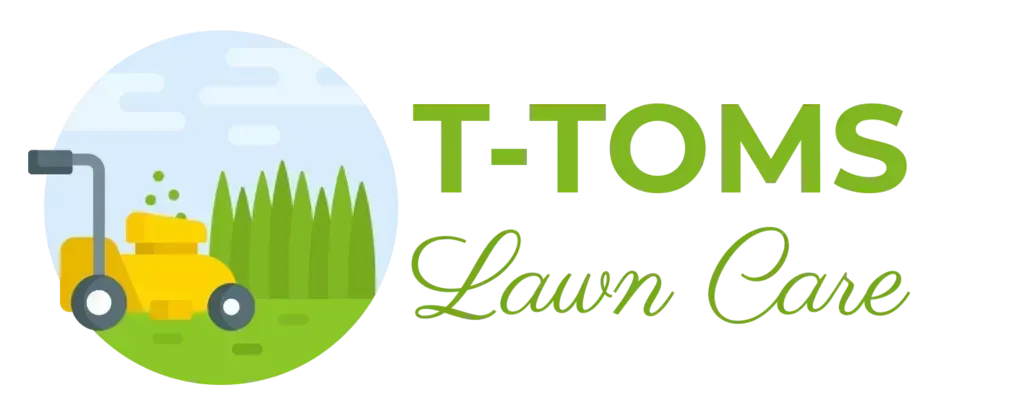 Logo: Yellow lawn mower cutting grass in a green circle, "T-TOMS Lawn Care" in green.