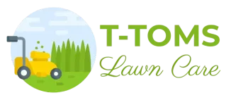 Logo: Yellow lawn mower cutting grass in a green circle, "T-TOMS Lawn Care" in green.