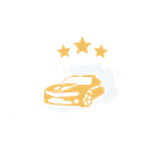 A yellow sports car surrounded by clouds of smoke with three stars above it.