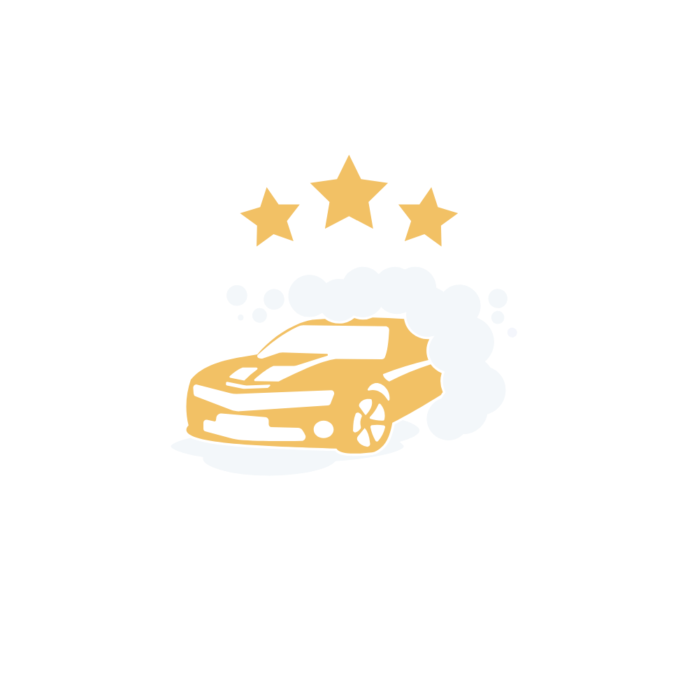 A yellow sports car surrounded by clouds of smoke with three stars above it.