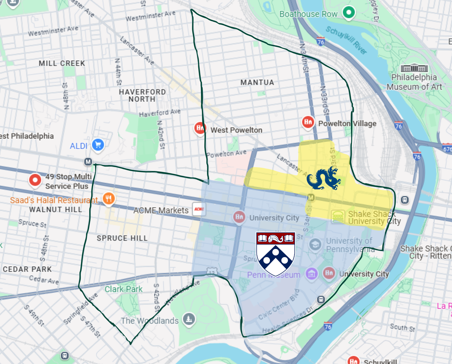 Territories of Drexel and UPenn, and where students primarily reside.