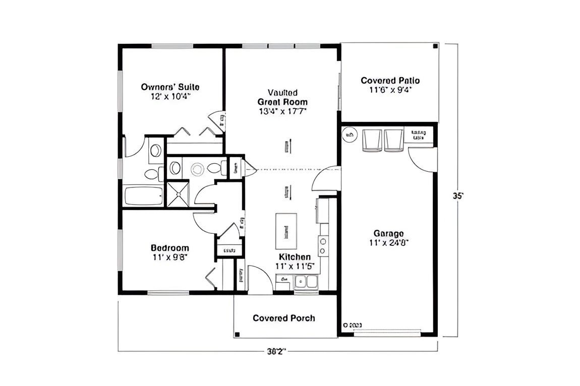 Floor plan of a house with four rooms: a garage, kitchen, living room, and a bedroom.