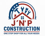 Logo: J'N'P Construction with tools and US flag arch. Text: "One stop shop for all your needs".