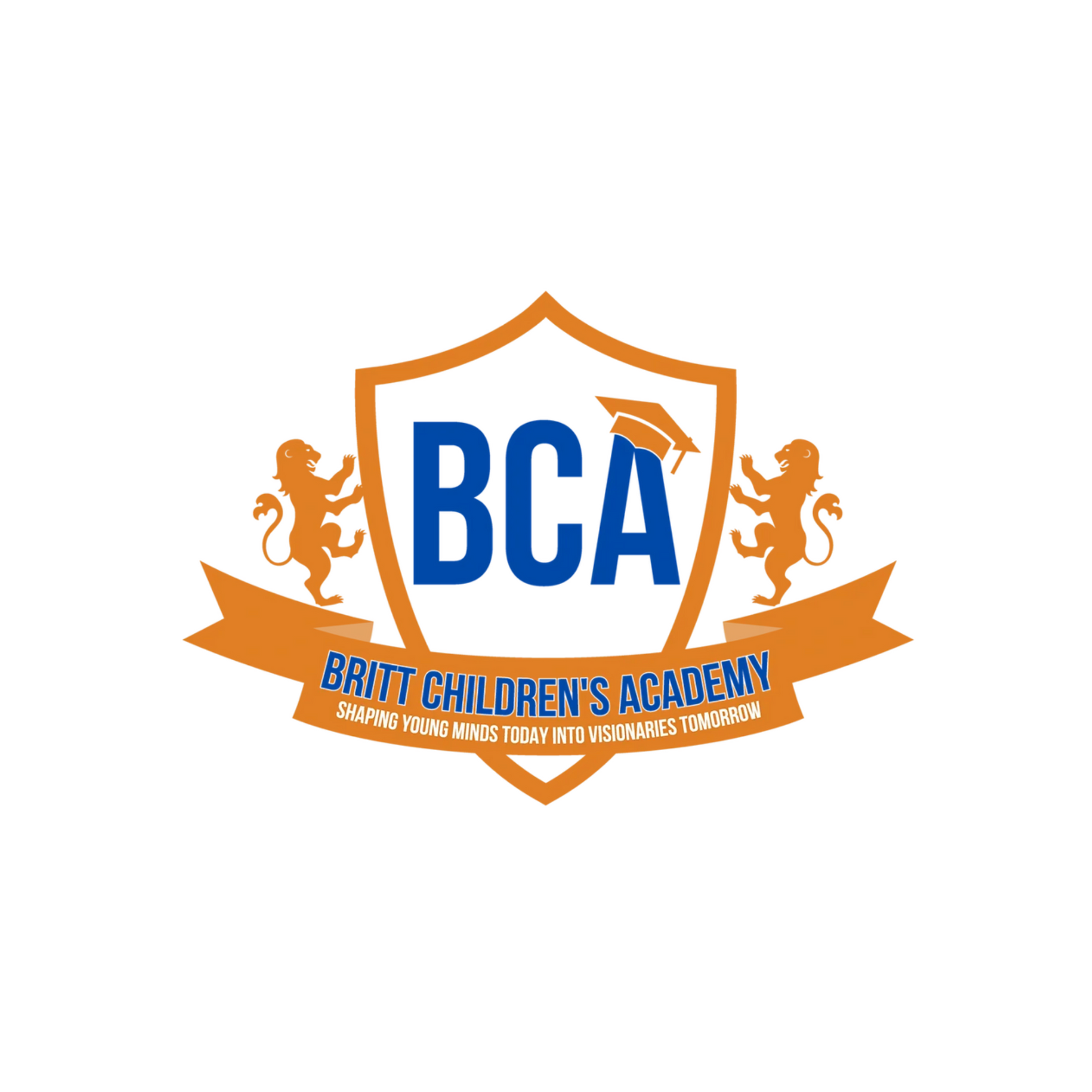 The logo for britt children 's academy is a shield with two lions on it.