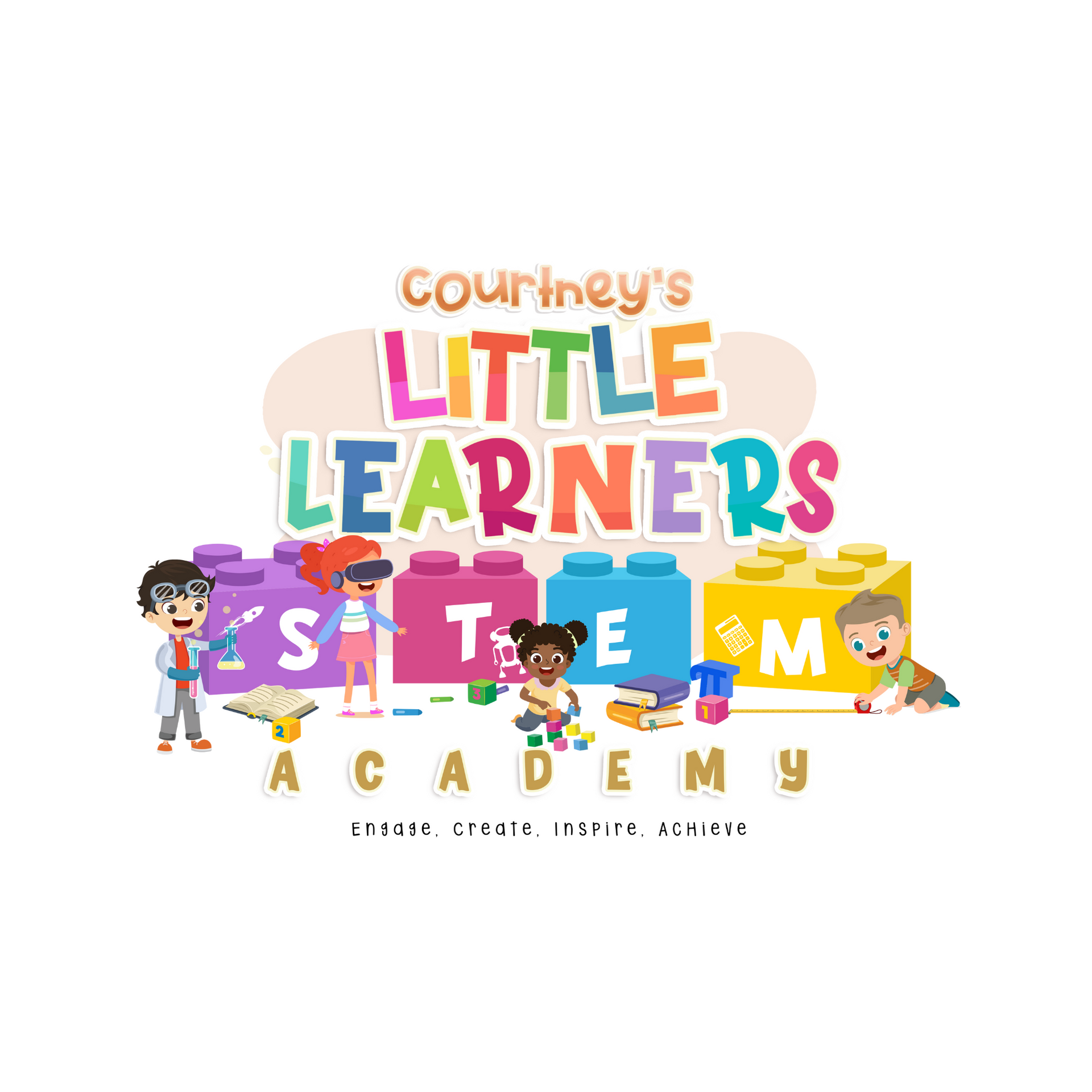The logo for courtney 's little learners academy shows a group of children playing with lego blocks.