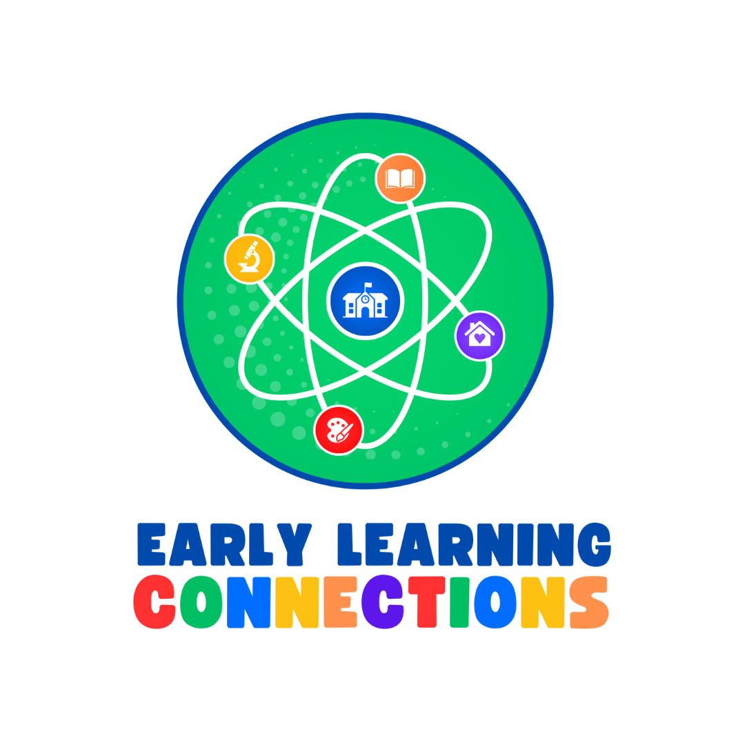 A logo for early learning connections with an atom in the middle.