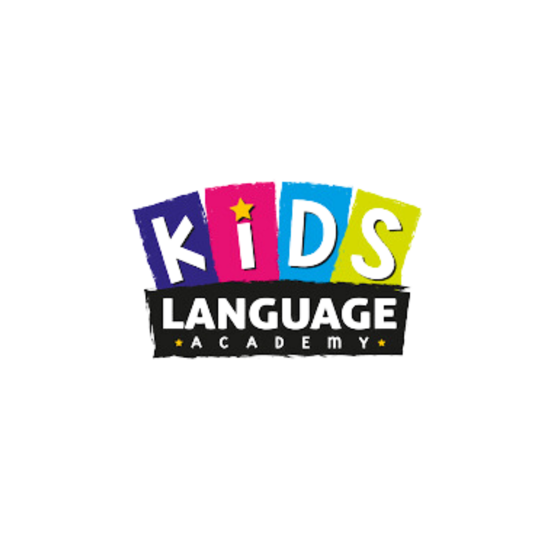 A colorful logo for kids language academy on a white background.