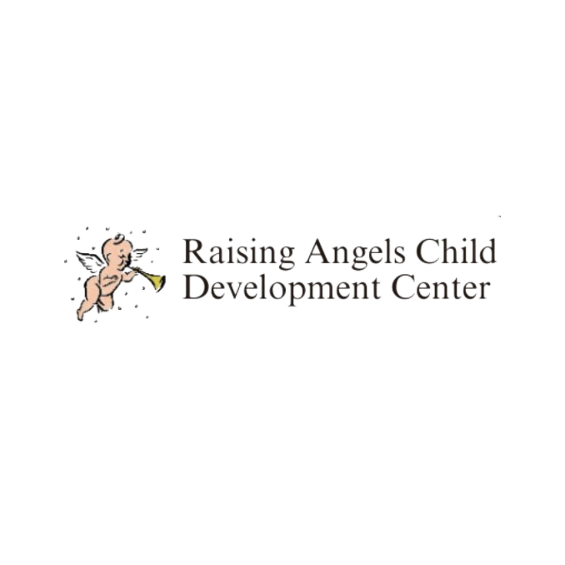 The logo for the raising angels child development center shows a cherub blowing a trumpet.