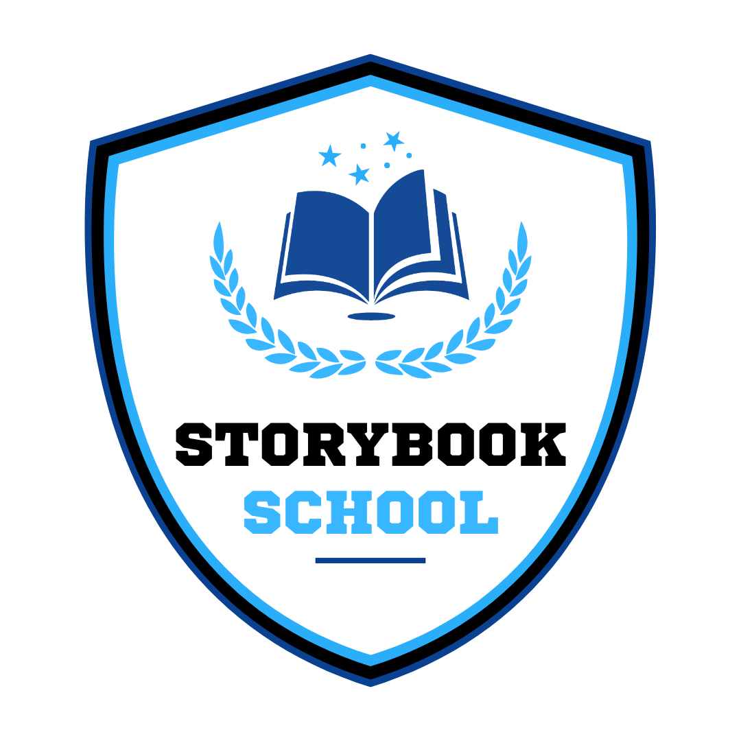 The logo for storybook school is a shield with an open book and laurel wreath.