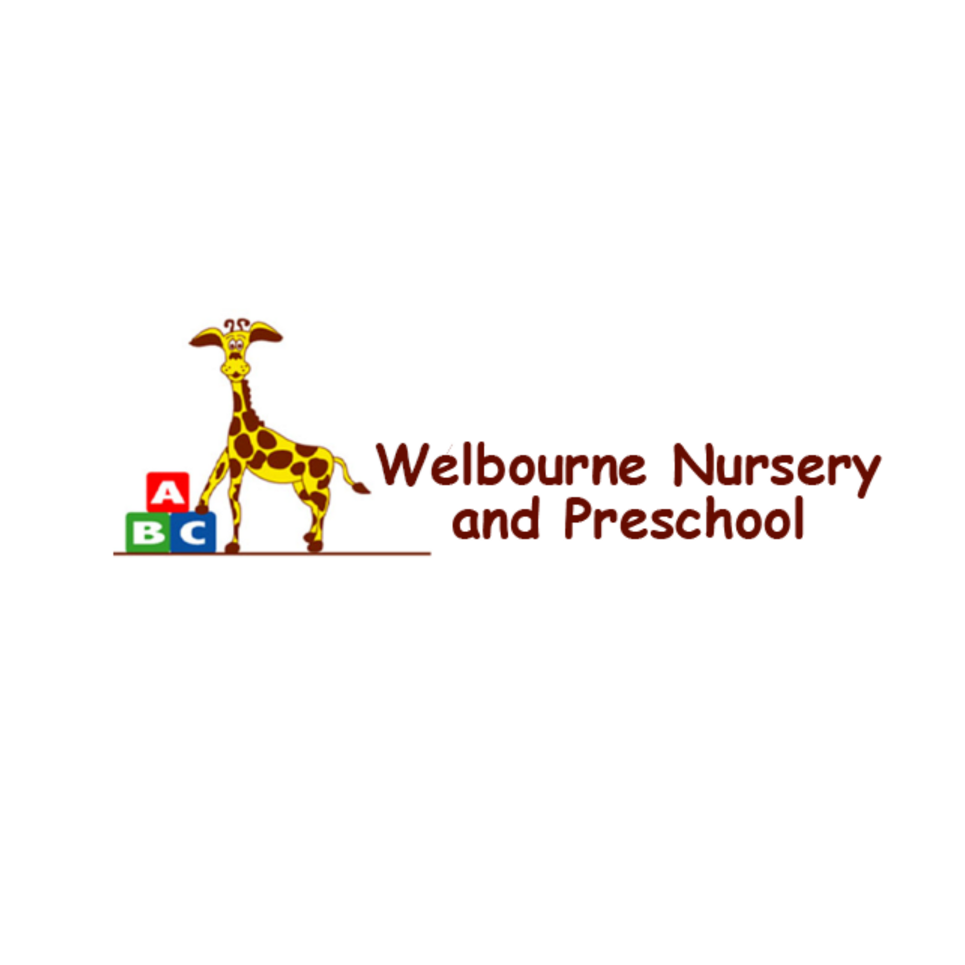 A logo for a nursery and preschool with a giraffe and abc blocks