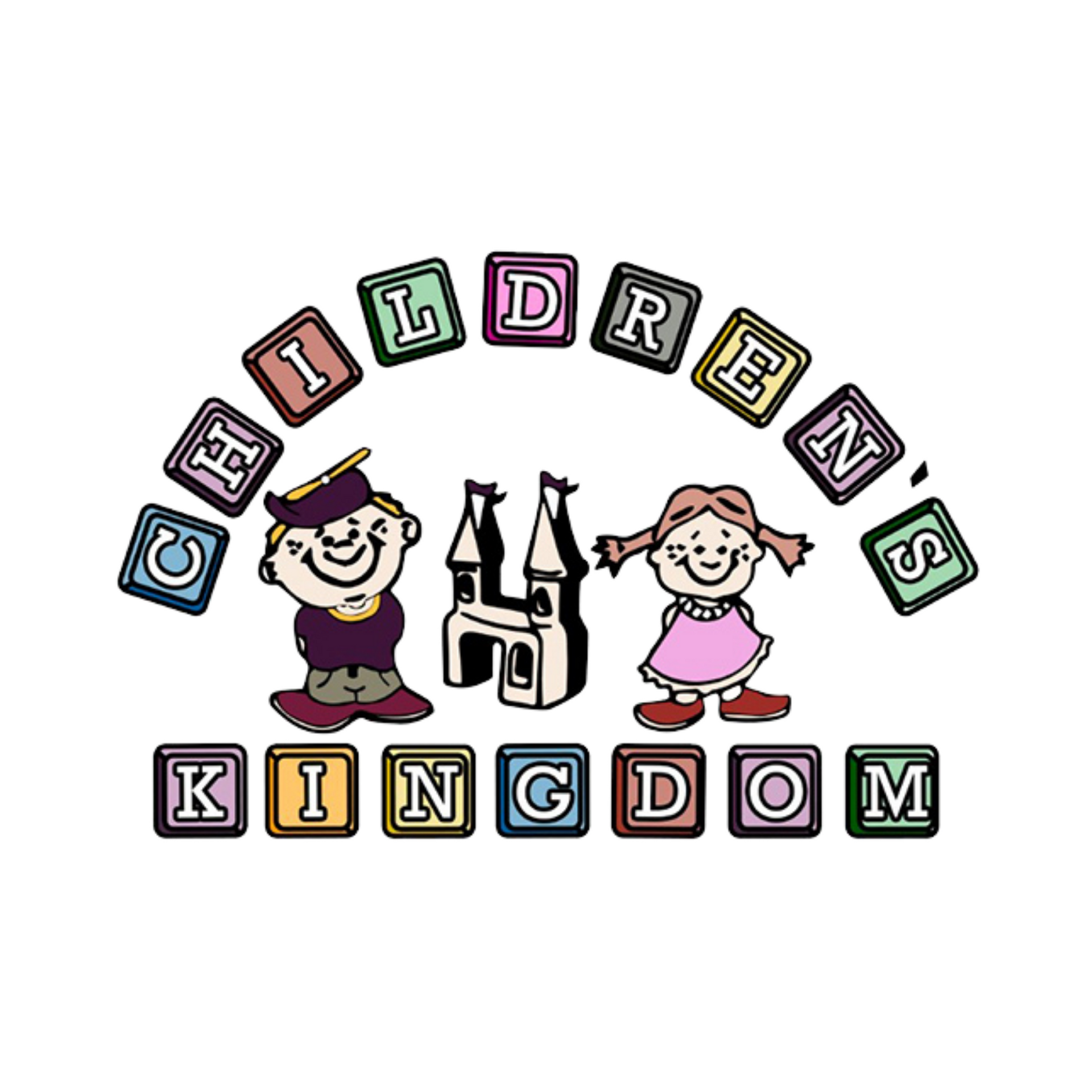 A logo for children 's kingdom with a boy and a girl and a castle.