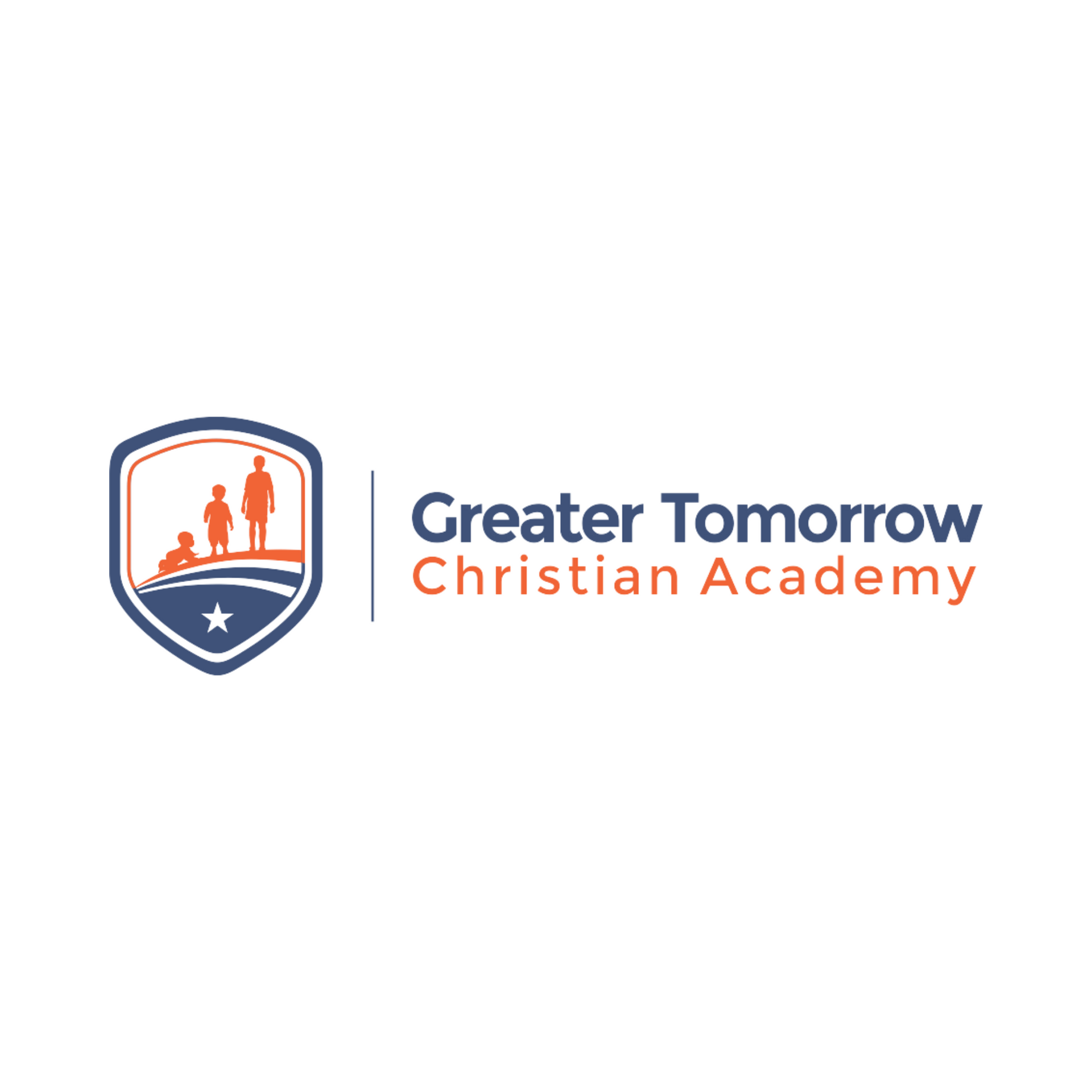 The logo for greater tomorrow christian academy is a shield with a man and two children on it.