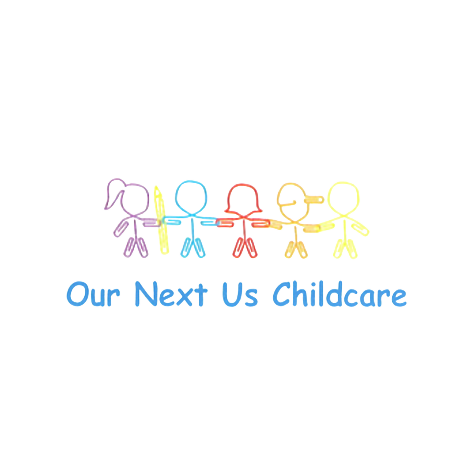 A logo for our next us childcare with stick figures