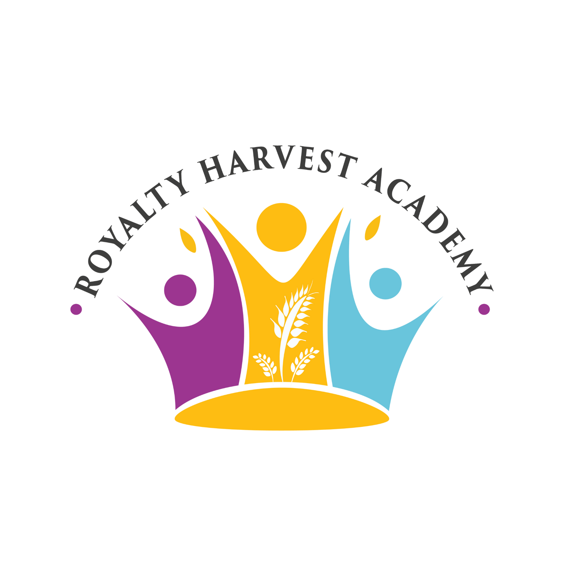 The royalty harvest academy logo is a colorful logo with a crown and people.