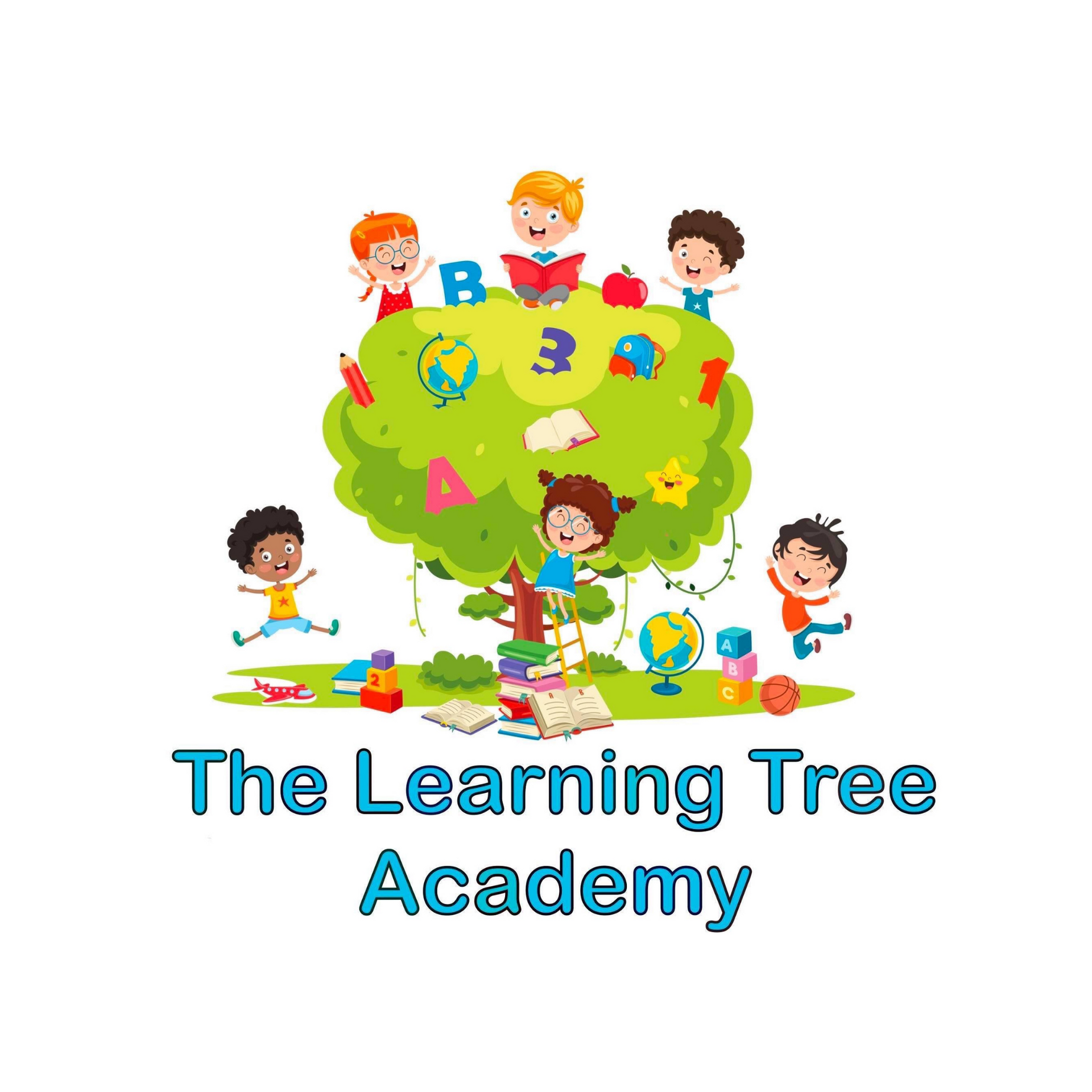 A logo for the learning tree academy with a tree surrounded by children.
