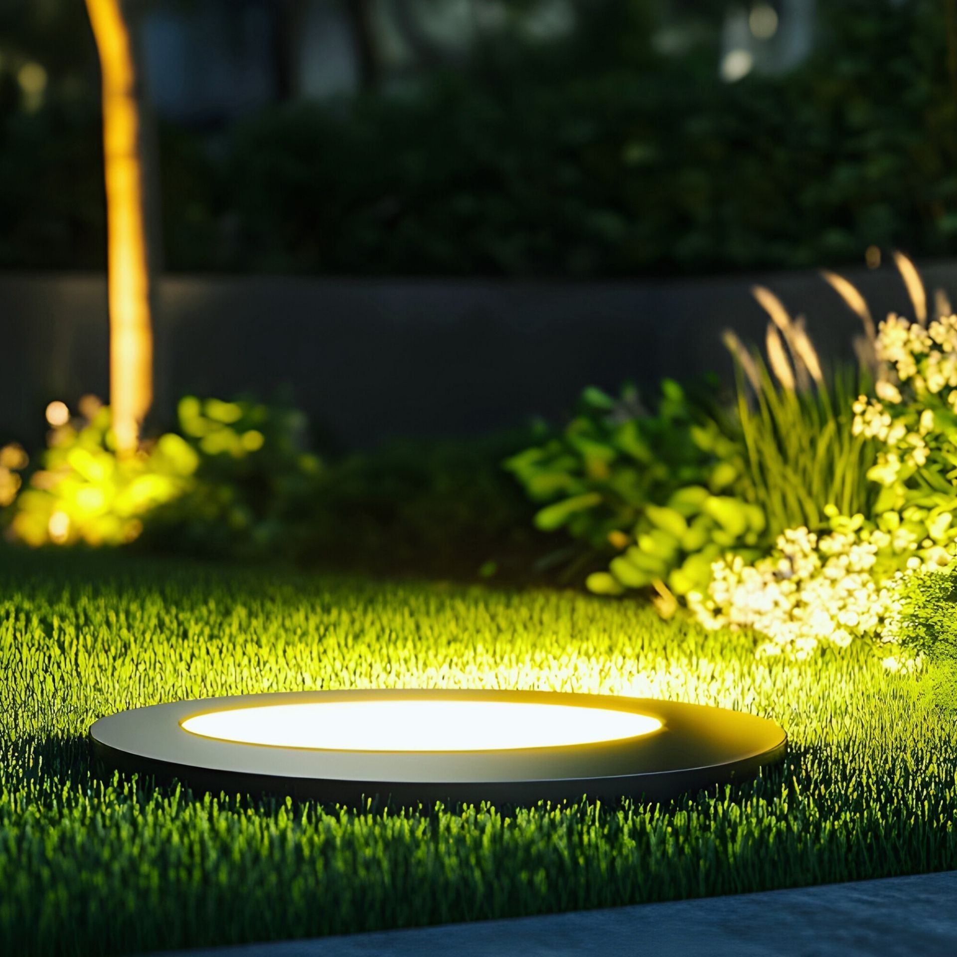 Round, black outdoor light illuminates a patch of green grass, shrubs, and trees at night.