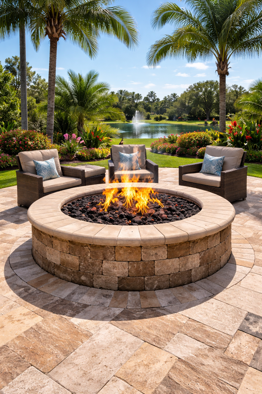 Fire pit with seating on a patio overlooking a pond, palm trees in the background.