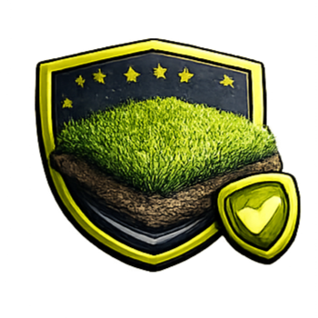 Shield icon with green turf and checkmark, yellow and black color scheme.