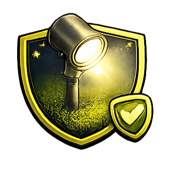 A spotlight icon on a shield with a smaller shield with a checkmark, all outlined in gold.