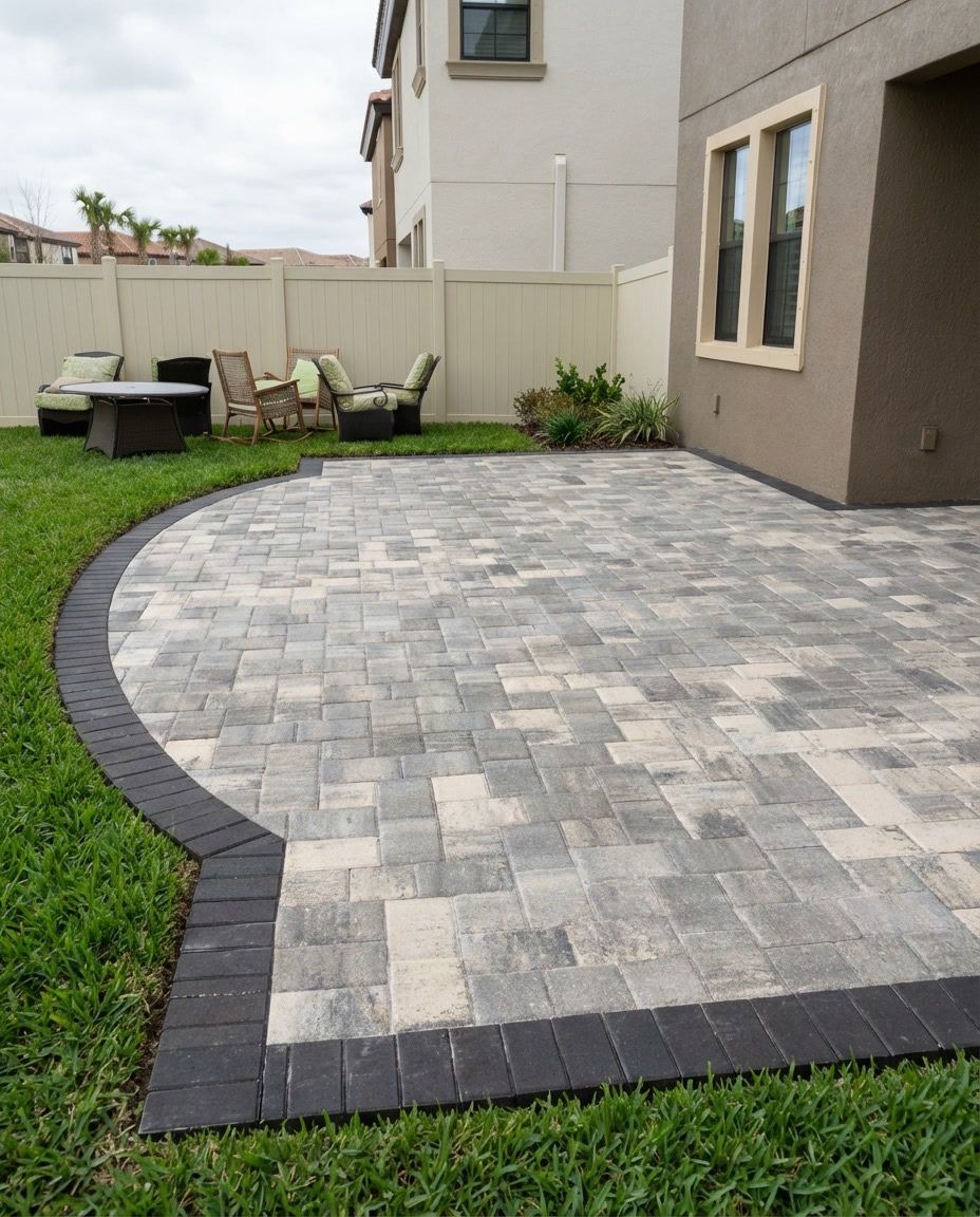 Patio with light-colored pavers bordered by dark bricks, adjacent to a house and lawn, with seating in the background.