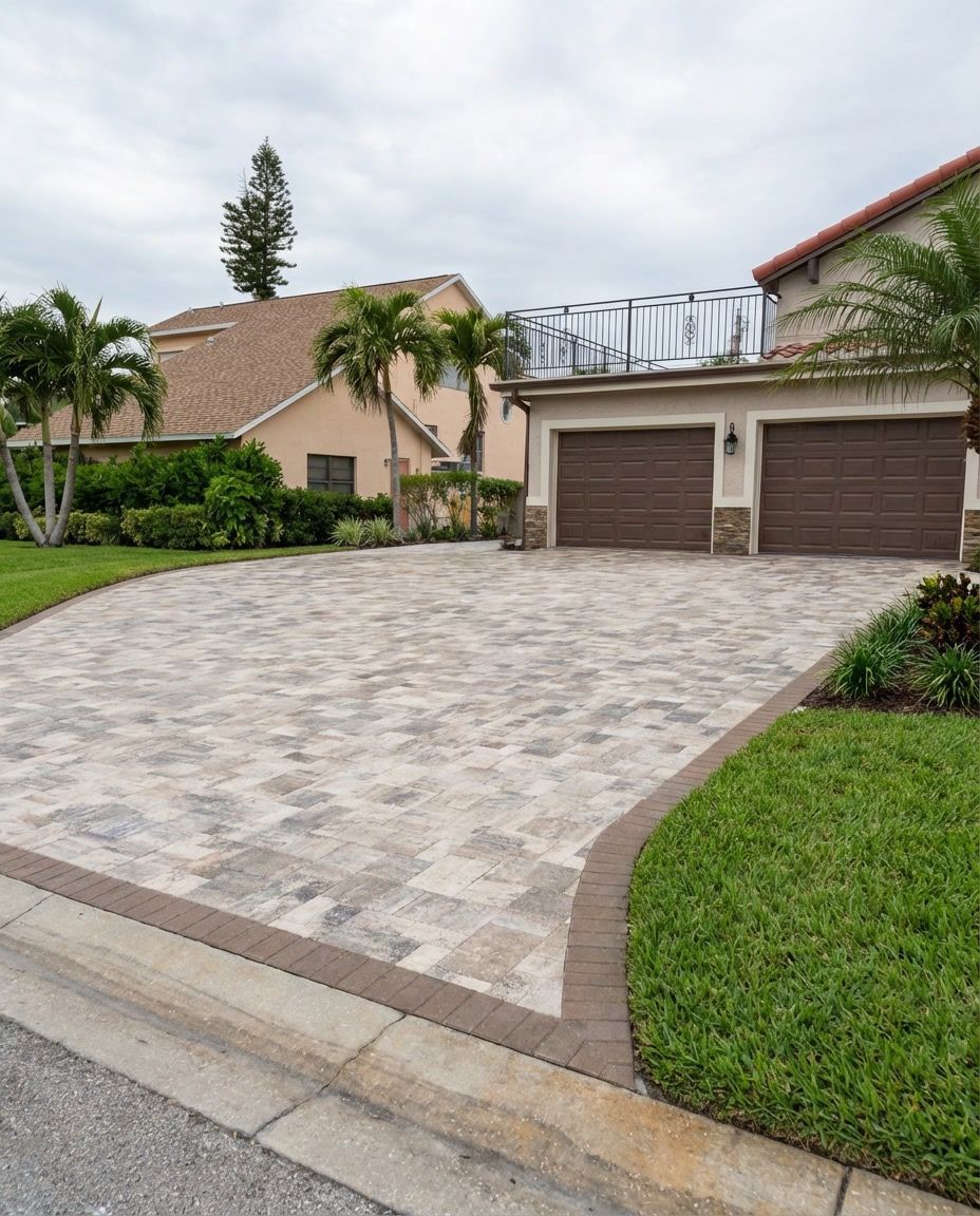 Stone paver driveway leading to a two-car garage with brown doors, bordered by green grass and a street curb.