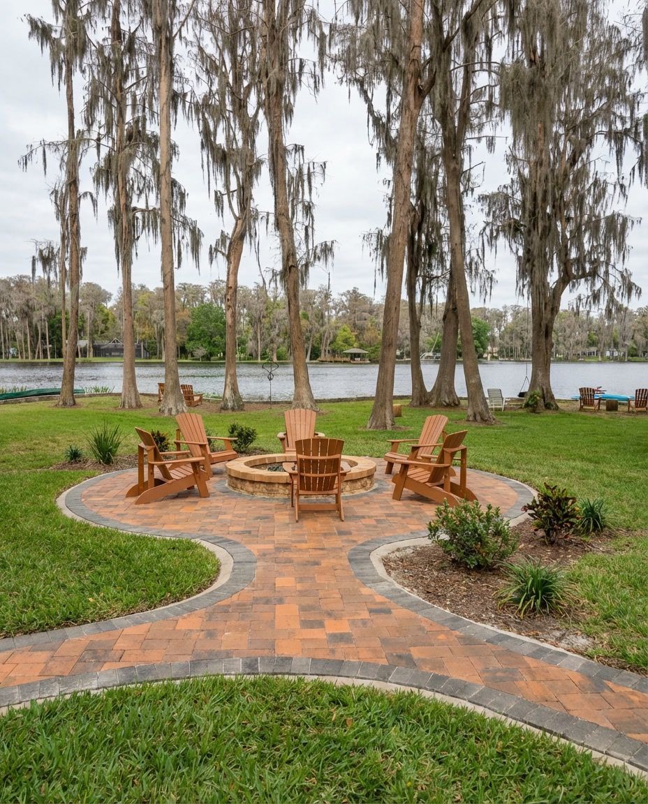 Fire pit with wooden chairs on a brick patio, set in a grassy area with trees and a lake in the background.