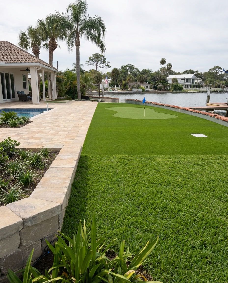 Lush green lawn with a putting green, next to a waterfront home. Palm trees and water in the background.