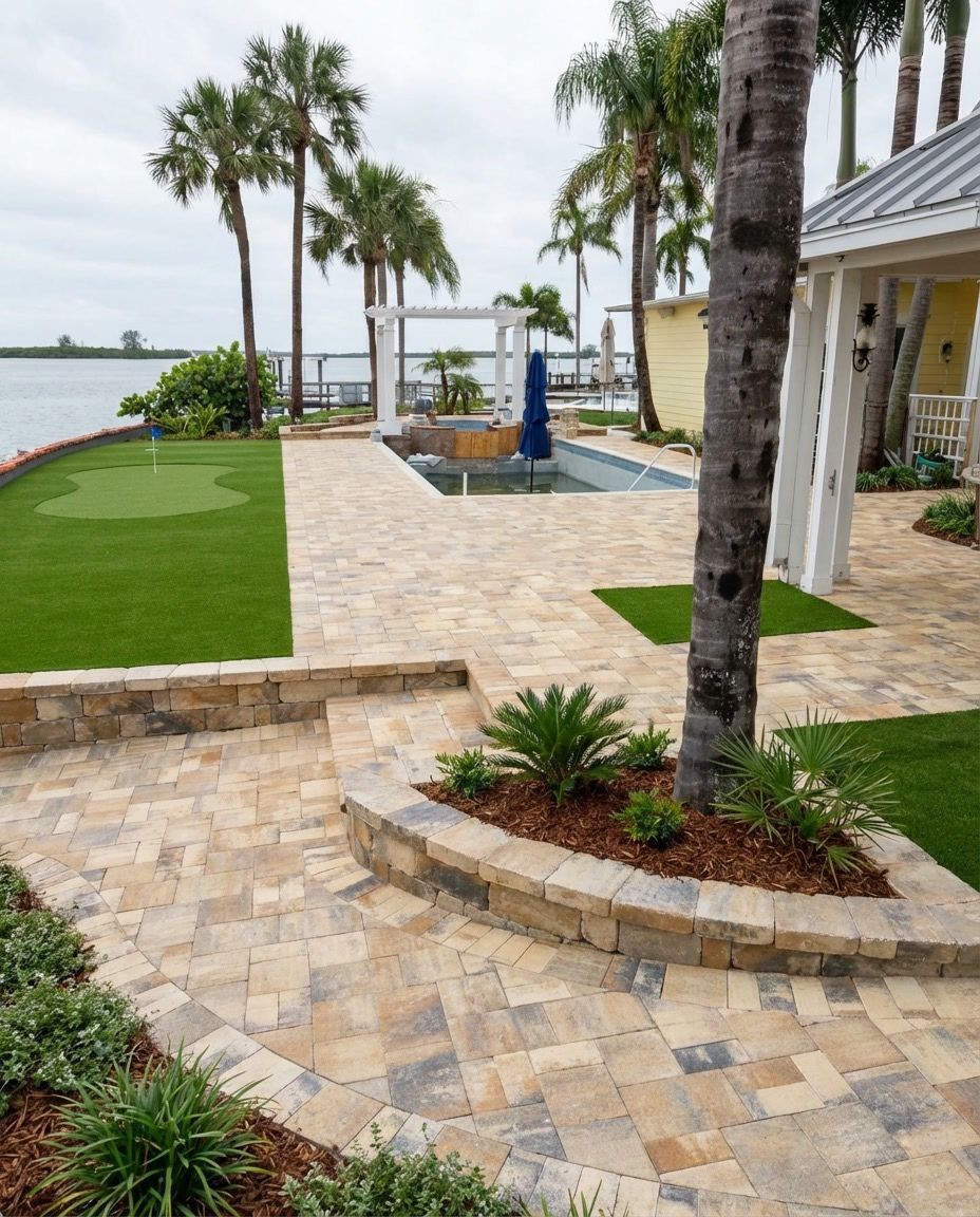 Paver patio with putting green, pool, and palm trees overlooking water.