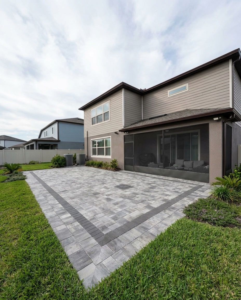 Backyard patio with gray brick pavers, screened porch, two-story house, green lawn, cloudy sky.