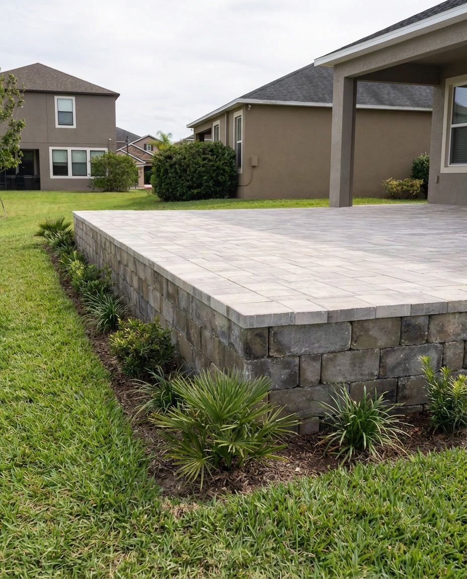 Stone patio with retaining wall, surrounded by grass and small shrubs, near homes.