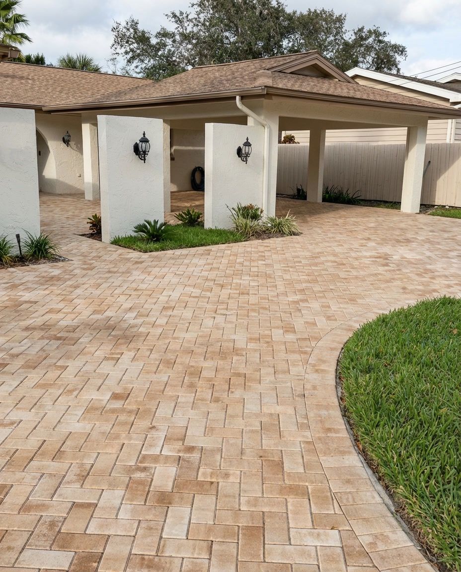 Brick paved driveway leading to a white, open-air carport with green landscaping on the right.