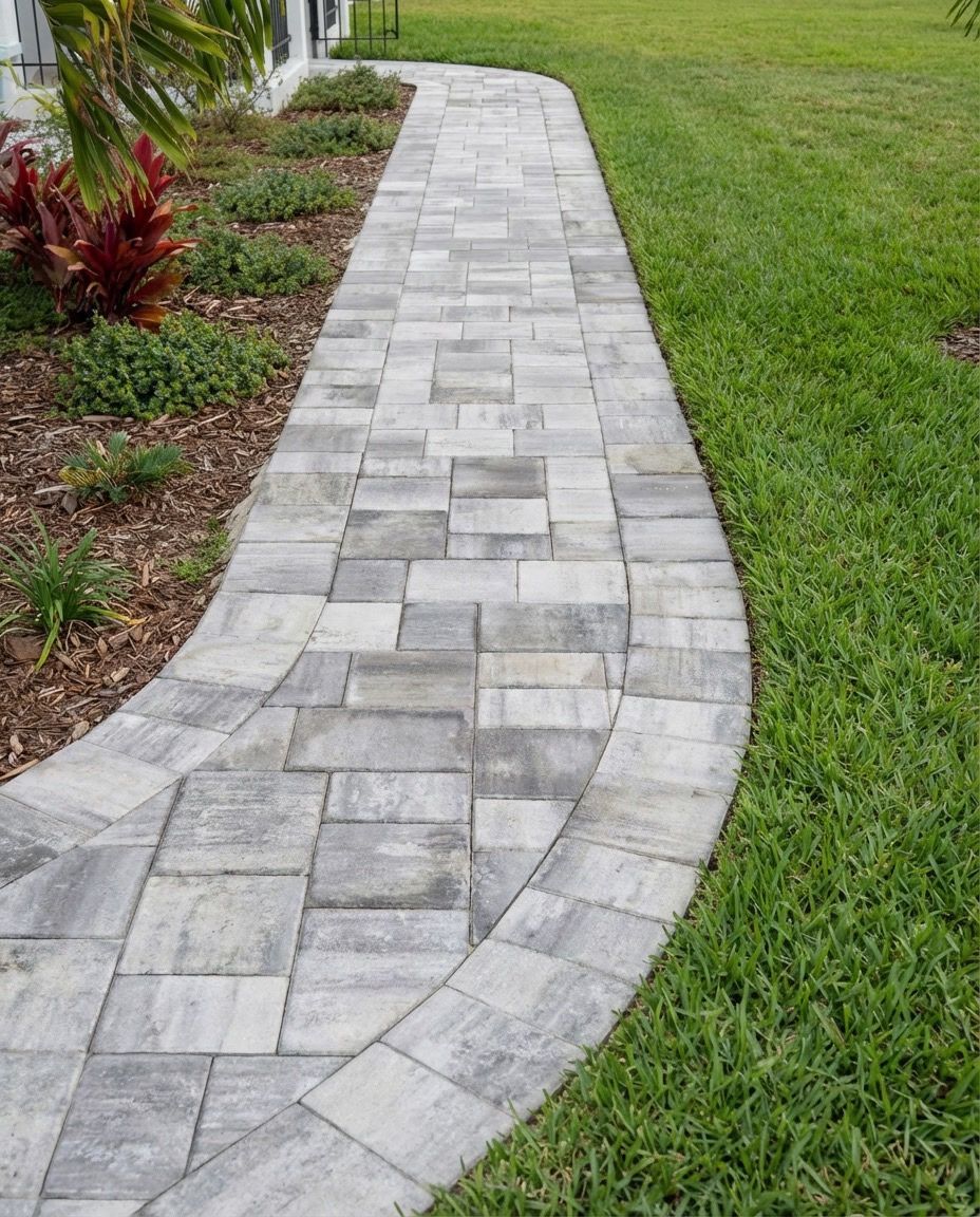 Stone paver walkway curves through a grassy yard and garden bed.