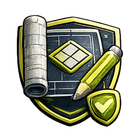 Shield with blueprints, pencil, and small shield, all in yellow and white.